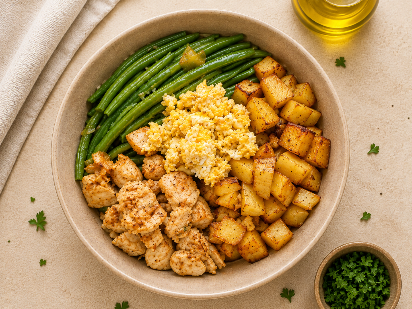 Poulet grillé, pommes de terre rôties, haricots verts et œufs brouillés – Prep'eat