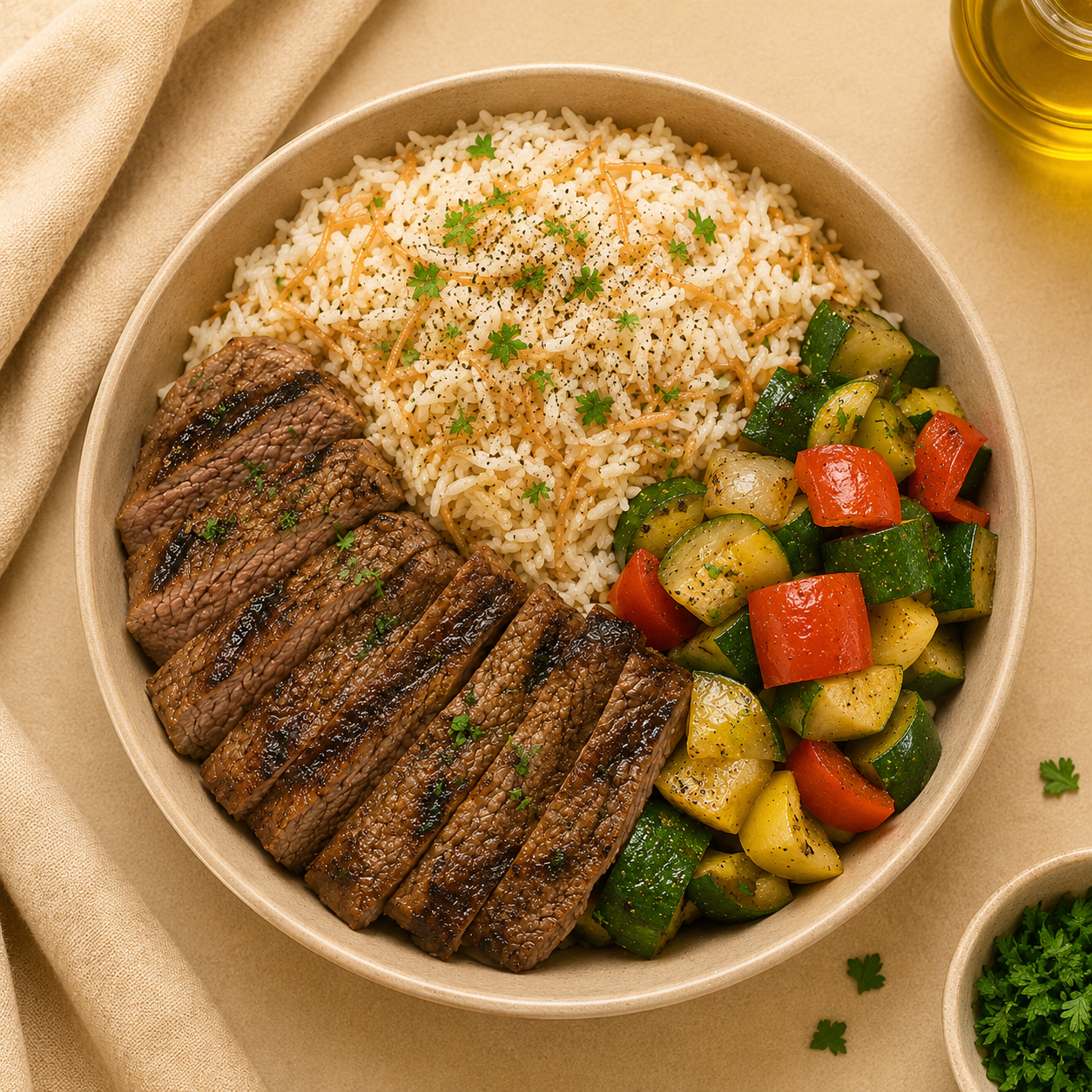 Côte de veau grillée, riz blanc aux vermicelles et légumes de saison poêlés – Prep'eat