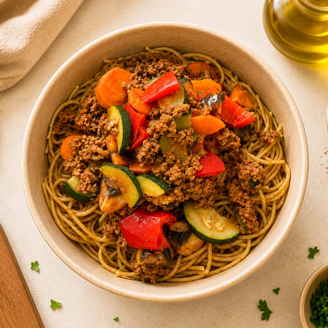 Pâtes complètes au bœuf et légumes – Prep'eat