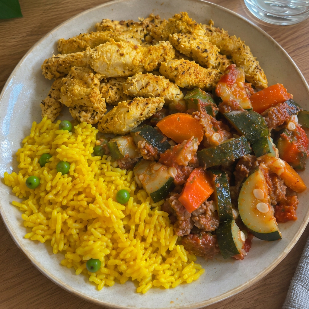 Assiette prep'eat : poulet mariné, riz safrané et légumes, préparée le matin dans notre atelier lyonnais