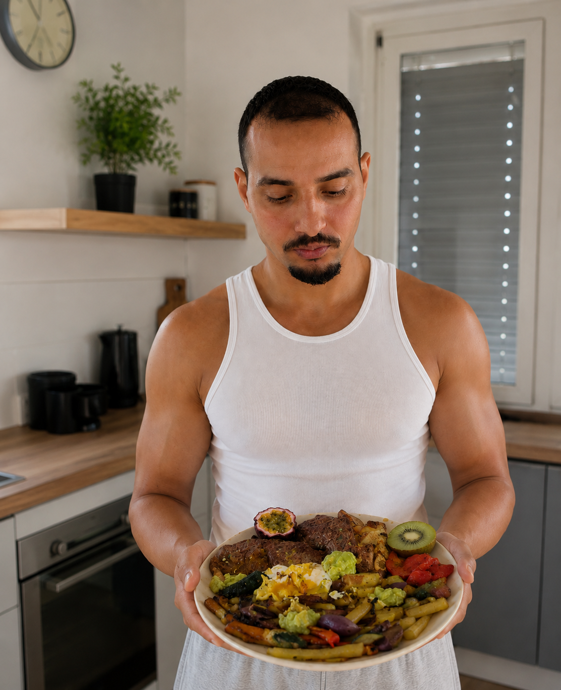 Athlète prep'eat tenant une assiette de meal prep protéiné